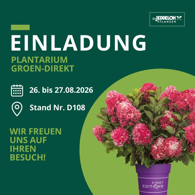 Wir laden euch herzlich ein, unseren Stand zu besuchen! Kommt vorbei und entdeckt unsere neuesten Highlights!

📍 Wo: Plantarium Groen-Direkt
🗓 Wann: 26. bis 27.08.2026
🔢 Stand: D108

Wir freuen uns riesig auf euren Besuch und den persönlichen Austausch! 🌱